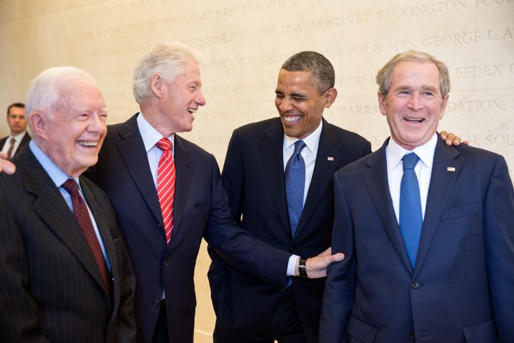 President Barack Obama laughs with former Presidents Jimmy Carter, Bill Clinton, and George W. Bush, prior to the dedication of the George W. Bush Presidential Library and Museum on the campus of Southern Methodist University in Dallas, Texas, April 25, 2013. (Official White House Photo by Pete Souza) 

This official White House photograph is being made available only for publication by news organizations and/or for personal use printing by the subject(s) of the photograph. The photograph may not be manipulated in any way and may not be used in commercial or political materials, advertisements, emails, products, promotions that in any way suggests approval or endorsement of the President, the First Family, or the White House.